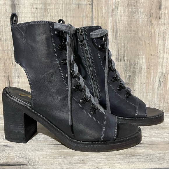 Free People City Of Lights Black Open Toe Lace Up Back Cut Out Heel Boots Sz 10 - Picture 8 of 16